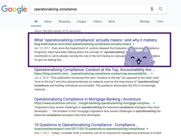 broadcat as the top google result for operationalizing compliance as of may 2 2018