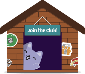 Broadcat peeking out of Compliance Design Club's Clubhouse with sign "Join the Club"